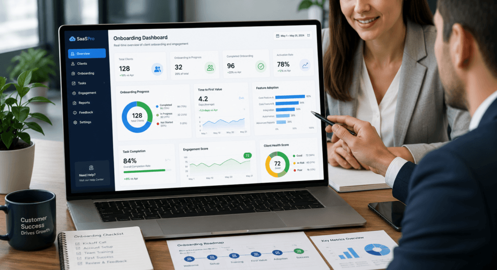 Customer Onboarding Strategy: A Guide to Class 3 SaaS client onboarding dashboard showing customer success metrics
