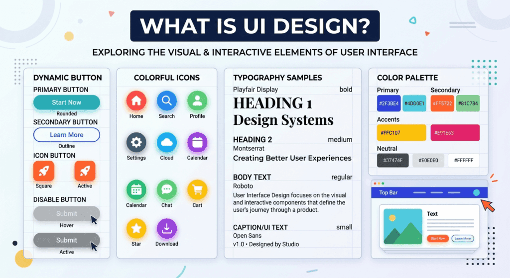 UI design elements – buttons icons color palette