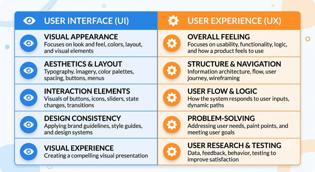 UI vs UX design differences comparison chart